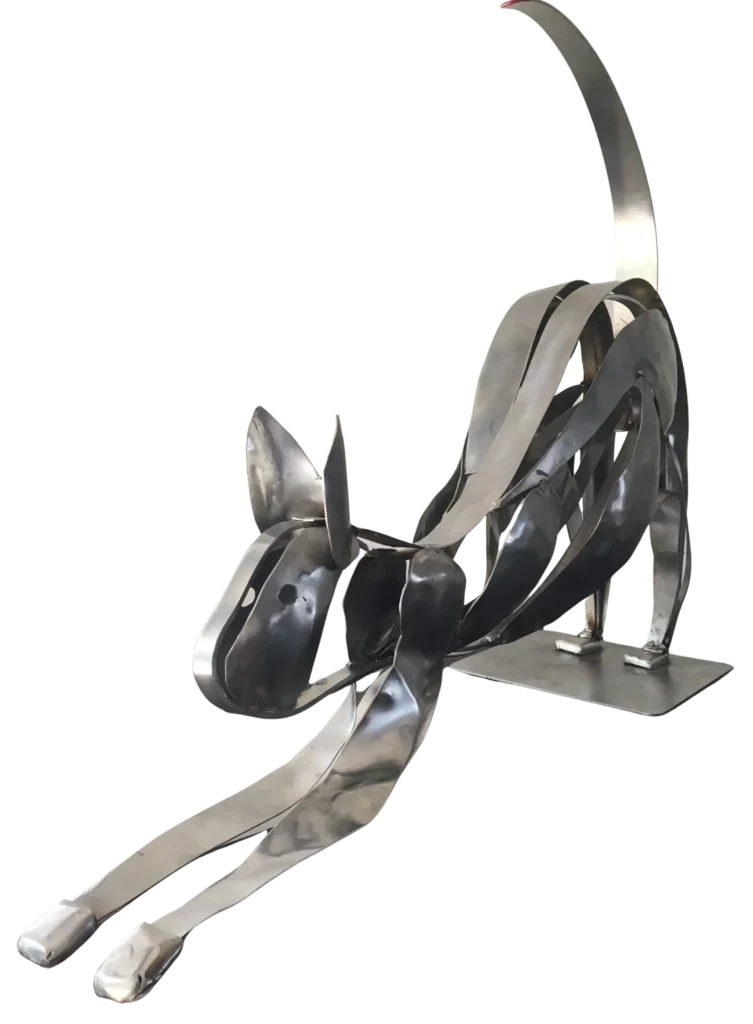 Chat qui s'étire -Sculpture Chat AMupcycling – modèle 3 - Réalisé en inox pour décoration intérieur L 80 cm h 25 cm