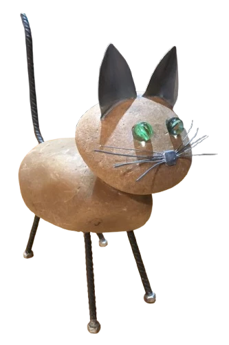 Chat en Galets - Réalisé avec deux gros galets, fer à béton, oreilles zinc et yeux verre