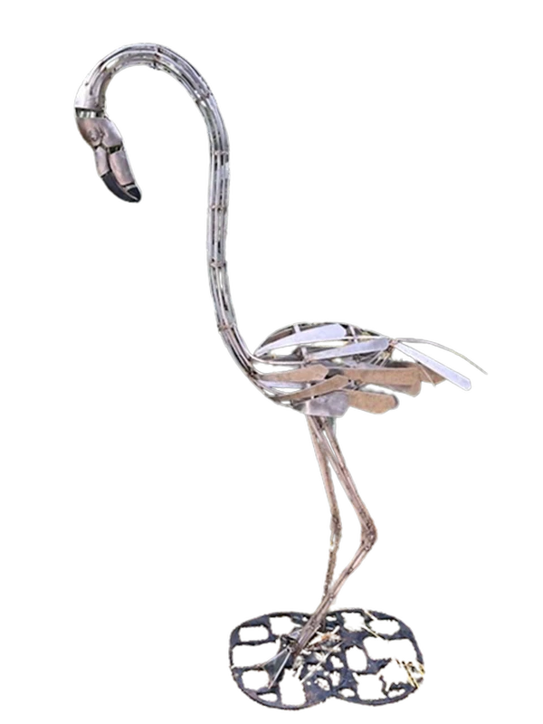 Flamant rose 3 - Réalisé avec chutes d'inox sur socle acier vernis