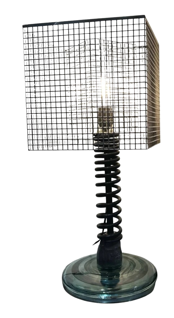 Lampe noire grillage Lampe noire ressort et grille - Socle isolateur EDF - ressort amortisseur auto _ abat jour grille ajourée - H60 cm - L 35