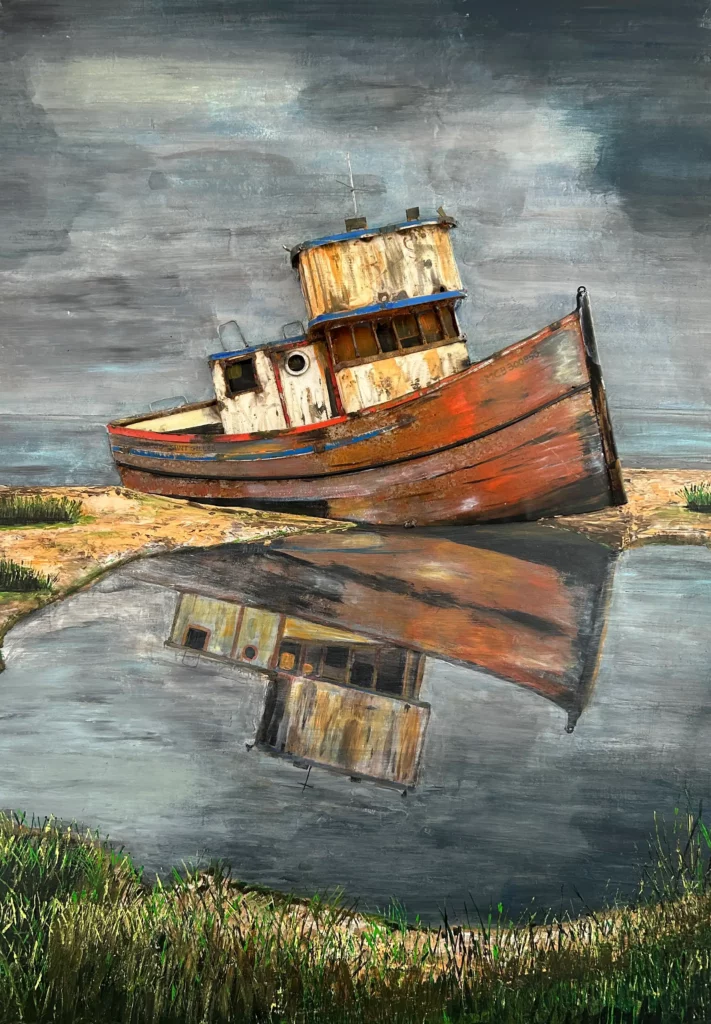 Epave de bateau échouée - Peinture acrylique sur bois avec incrustation de tôles en relief