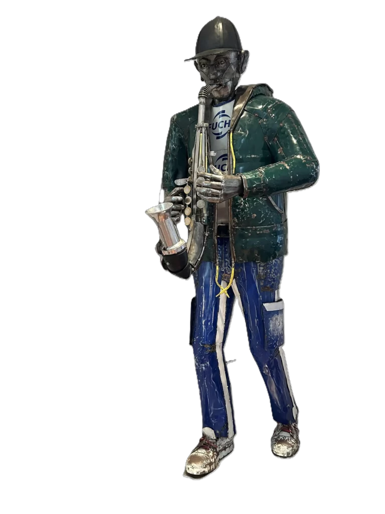 Willy - Personnage fabriqué avec fûts d'huile H180 cm Saxophone pièces de récupération